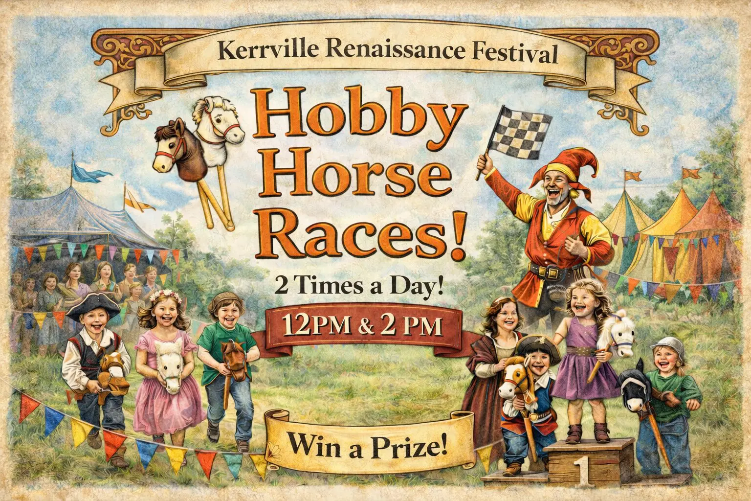 Children racing hobby horses at Renaissance festival