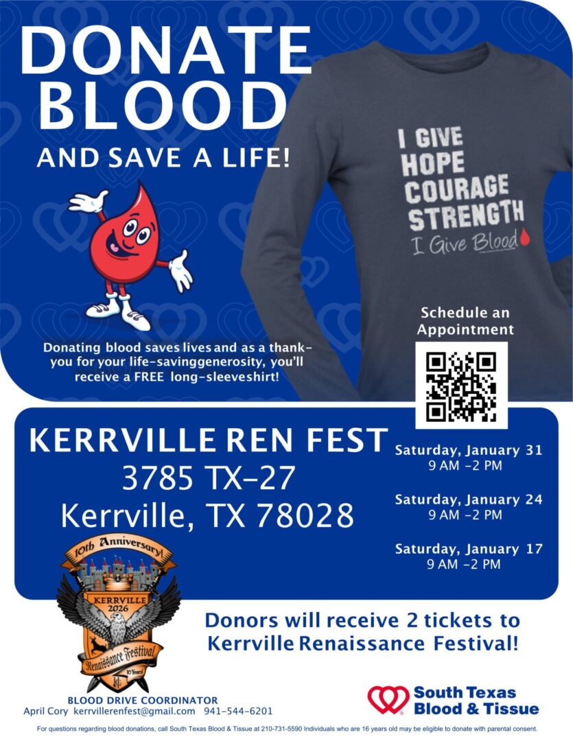 Donate blood Kerrville Ren Fest flyer
